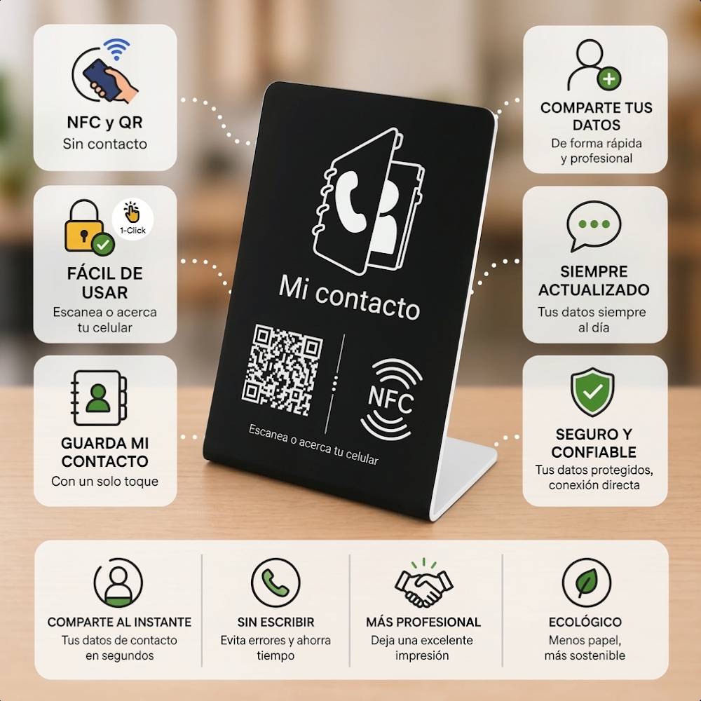 Stand NFC y QR para compartir contacto + perfil digital
