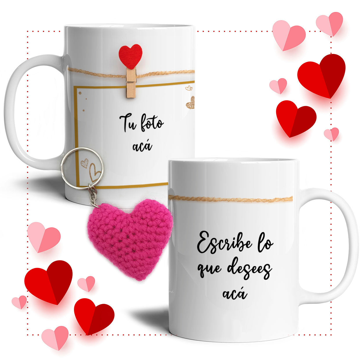 Tazón Personalizado + Llavero Corazón Crochet - greengraphic.cl
